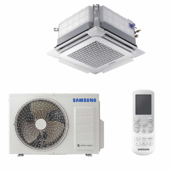 SAMSUNG BEVĖJĖS MINI 4-KRYPTĖS 2.6/3.4KW KASETĖS KOMPLEKTAS; KOMPLEKTUOJAMAS SU APDAILA IR DISTANCINIU PULTELIU.