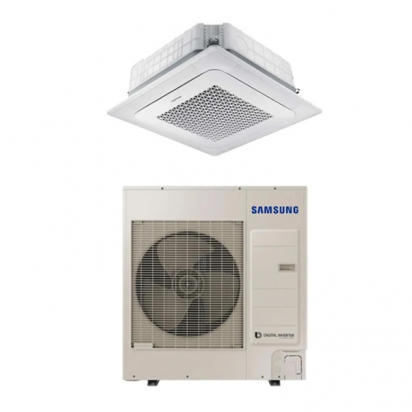 SAMSUNG BEVĖJĖS 4-KRYPTĖS 10.0/11.2KW KASETĖS KOMPLEKTAS (VIENFAZIS ĮRENGINYS); KOMPLEKTUOJAMAS SU APDAILA IR DISTANCINIU PULTELIU.