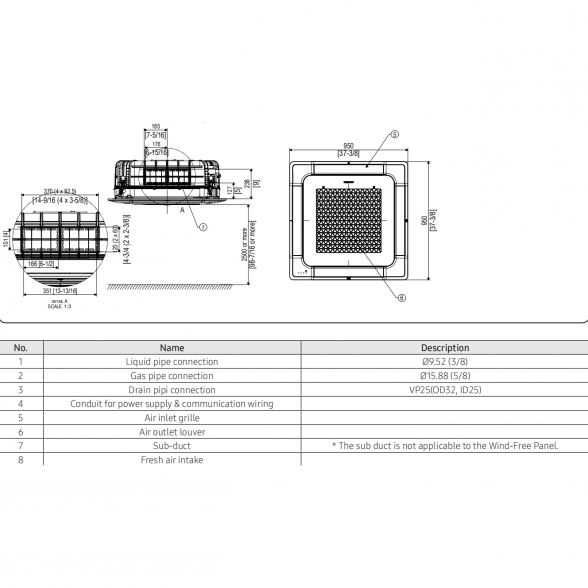 SAMSUNG BEVĖJĖS 4-KRYPTĖS 12.0/13.2KW KASETĖS KOMPLEKTAS (TRIFAZIS ĮRENGINYS); KOMPLEKTUOJAMAS SU APDAILA IR DISTANCINIU PULTELIU. 8