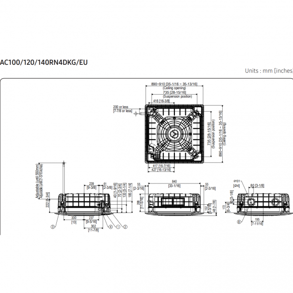 SAMSUNG BEVĖJĖS 4-KRYPTĖS 12.0/13.2KW KASETĖS KOMPLEKTAS (TRIFAZIS ĮRENGINYS); KOMPLEKTUOJAMAS SU APDAILA IR DISTANCINIU PULTELIU. 9