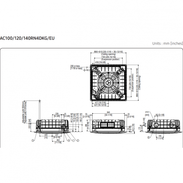 SAMSUNG BEVĖJĖS 4-KRYPTĖS 13.4/15.5KW KASETĖS KOMPLEKTAS (TRIFAZIS ĮRENGINYS); KOMPLEKTUOJAMAS SU APDAILA IR DISTANCINIU PULTELIU. 8