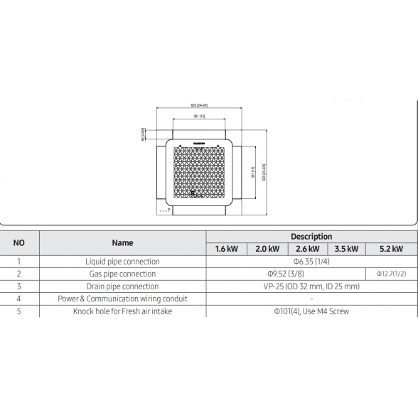 SAMSUNG BEVĖJĖS MULTI-SPLIT MINI 4-KRYPTĖS 2.6/2.9KW KASETĖS VIDINIS BLOKAS; KOMPLEKTUOJAMAS SU APDAILA IR DISTANCINIU PULTELIU 3