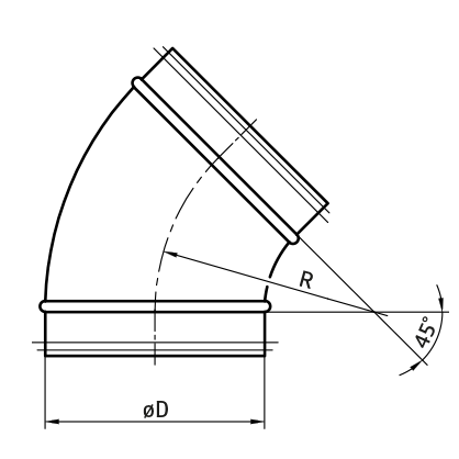 Alkūnė 45° DN125 presuota su tarpine 1